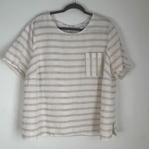 Vintage Liz Claiborne 2X Top Striped Beige and White Linen Blend Coastal‎ Casual